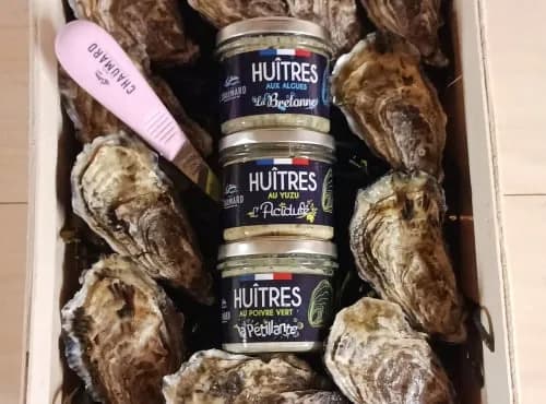 Bourriche d'huîtres creuses 50n°3 avec 3 rillettes et un couteau